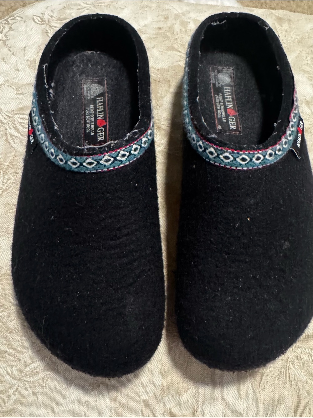 Haflinger Black Wool Slip-On Clog with Blue Accent Trim